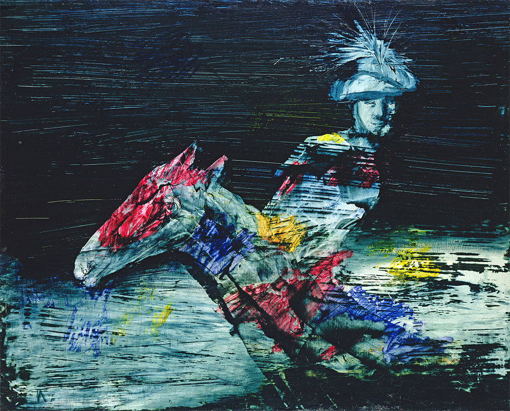 Sidney Nolan, The Myth Rider 1958–59, polyvinyl acetate on composition board, 122.0 x 152.0 cm. Private Collection © The Trustees of the Sidney Nolan Trust / Bridgeman Images. Copyright is now managed by the Copyright Agency. Photo © Agnew's, London / Bridgeman Images